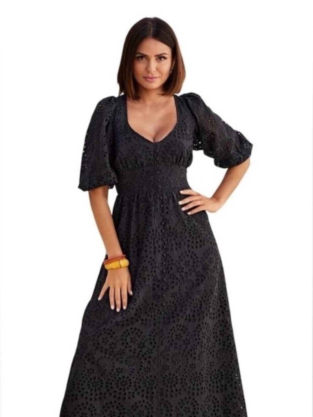 Boston Proper Black Eyelet Maxi with Puff Sleeves NWT